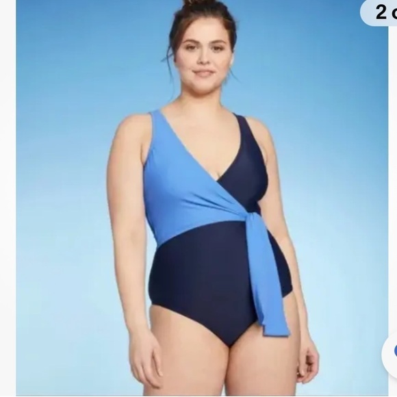 NWT-Kona SOL-M(8-10)-navy blue/light blue-wrap tie, colorblock 1 piece swimsuit - Picture 1 of 12
